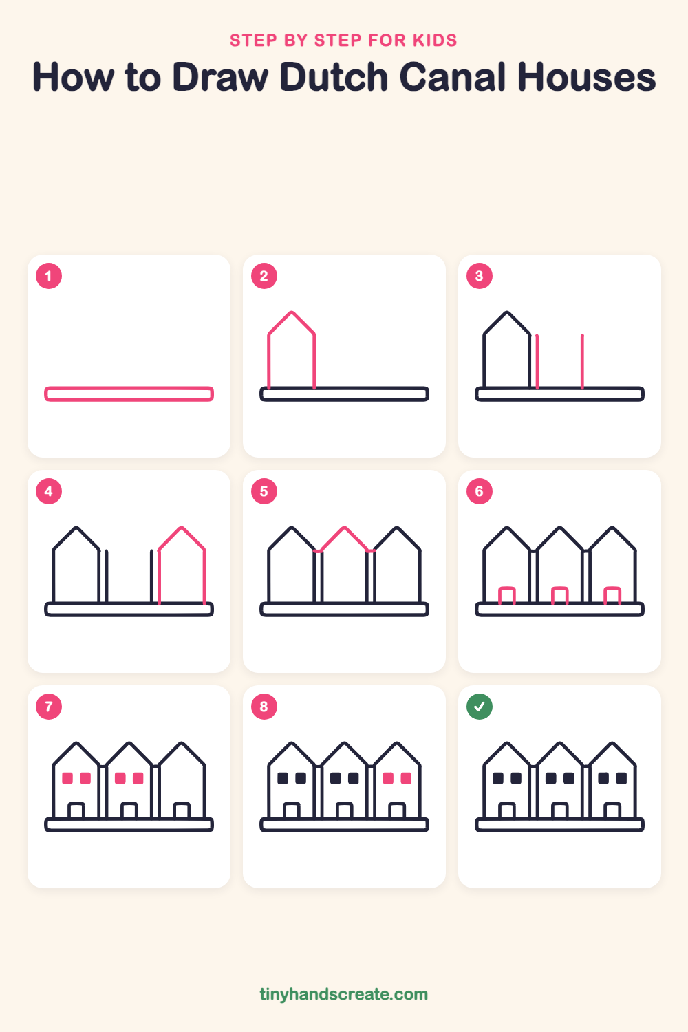 How to draw Dutch canal houses step by step for kids