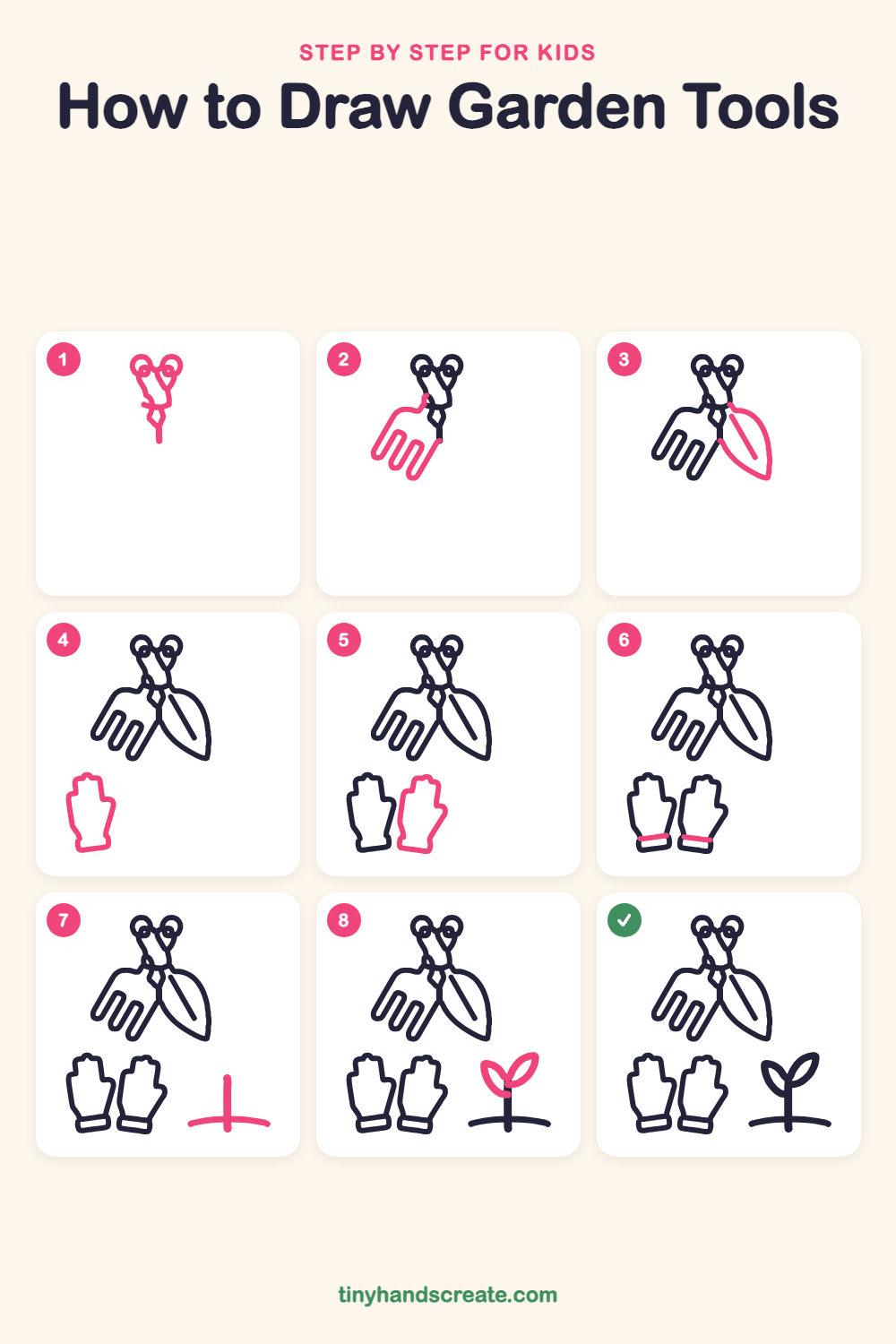 How to draw garden tools step by step for kids