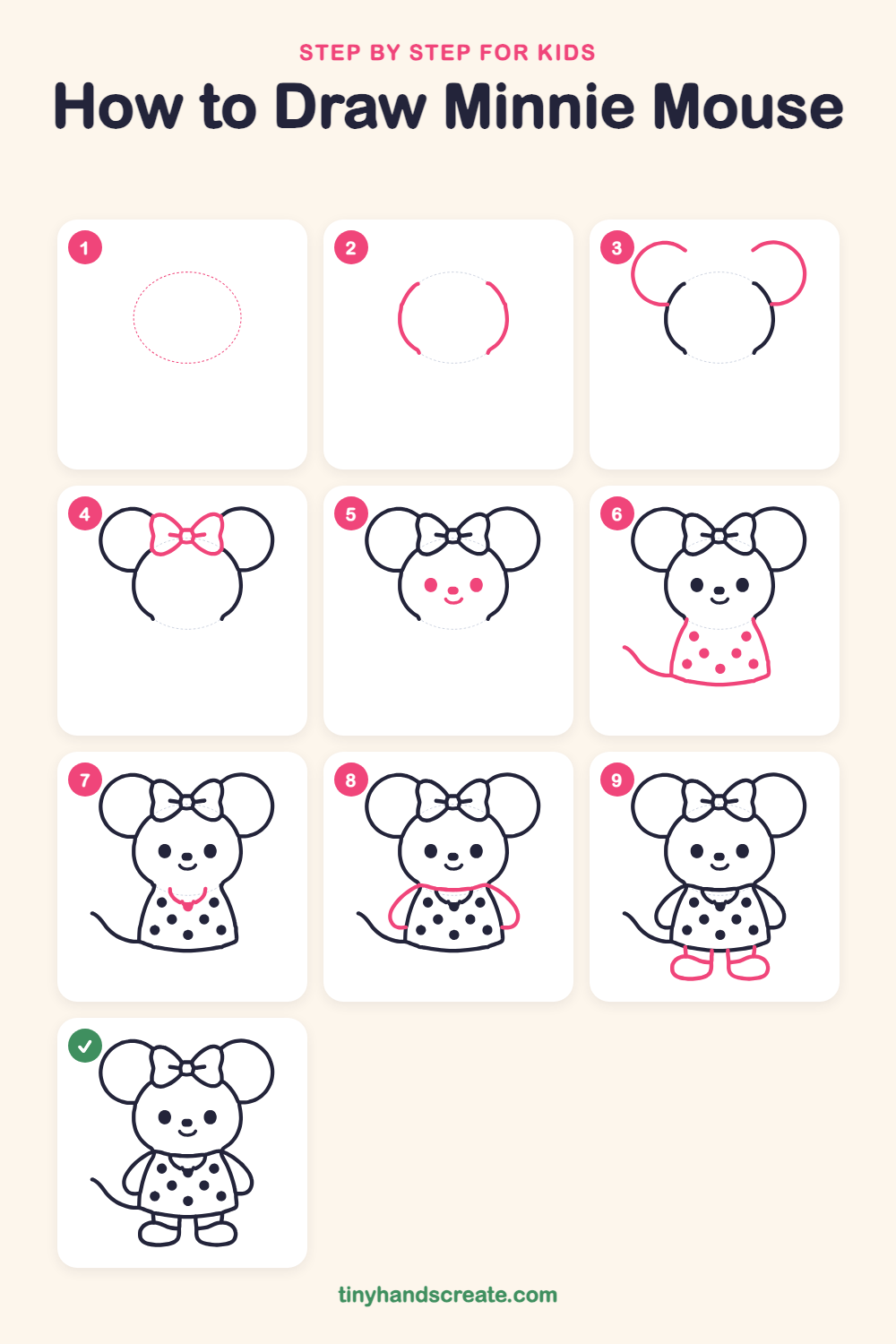 How to draw Minnie Mouse step by step for kids