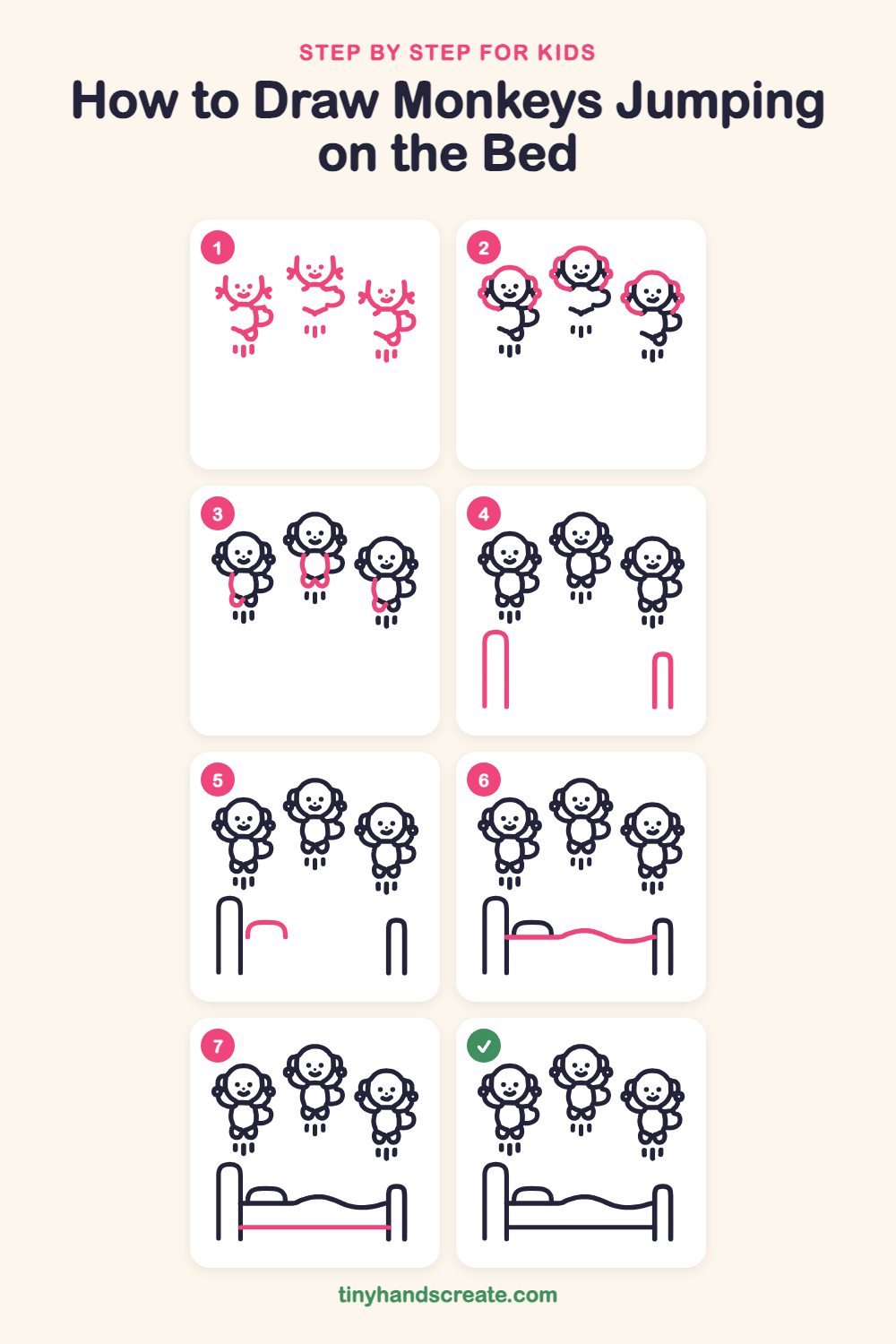 How to draw monkeys jumping on the bed step by step for kids