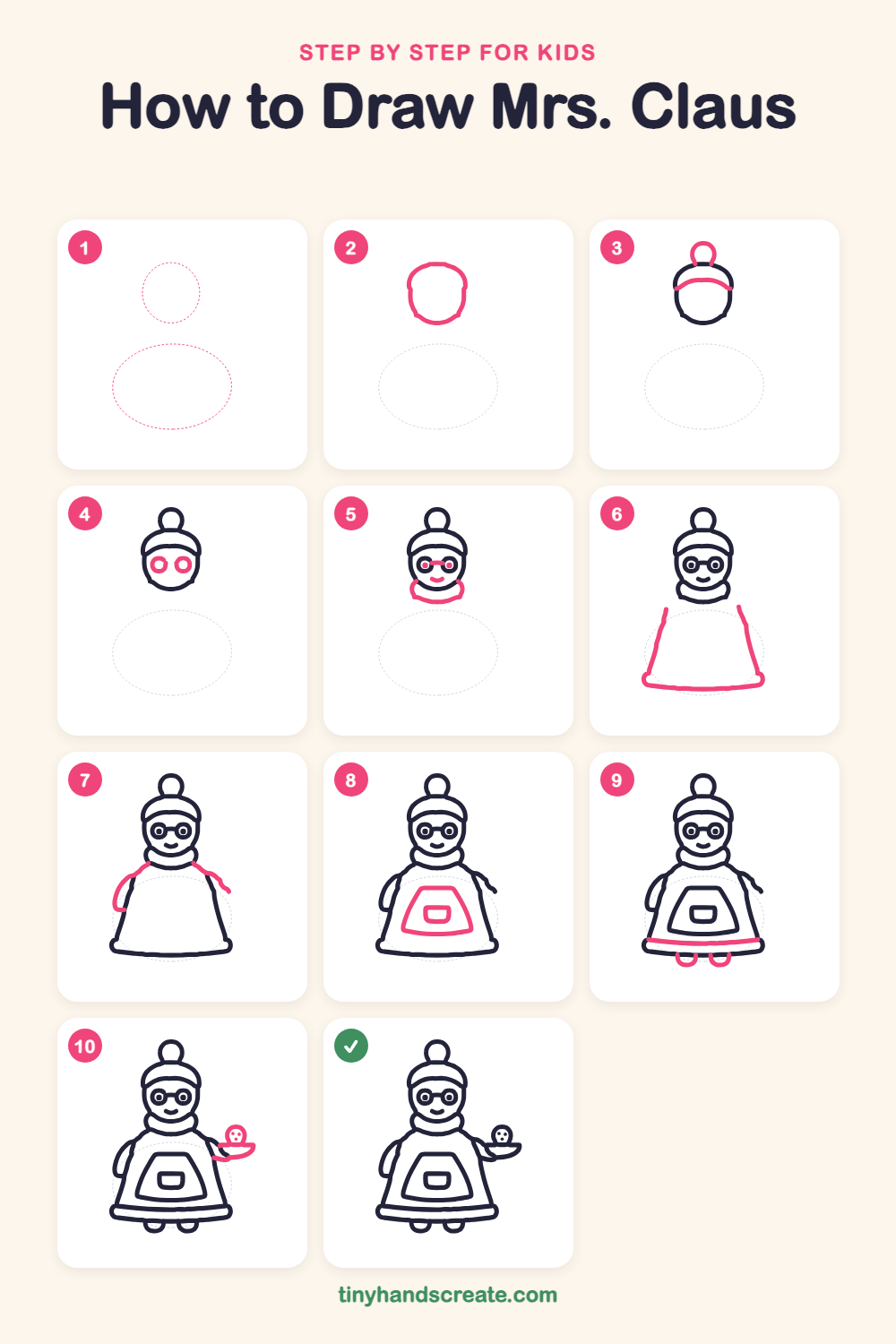 How to draw Mrs. Claus step by step for kids