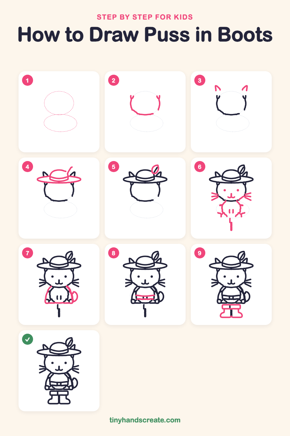 How to draw Puss in Boots step by step for kids