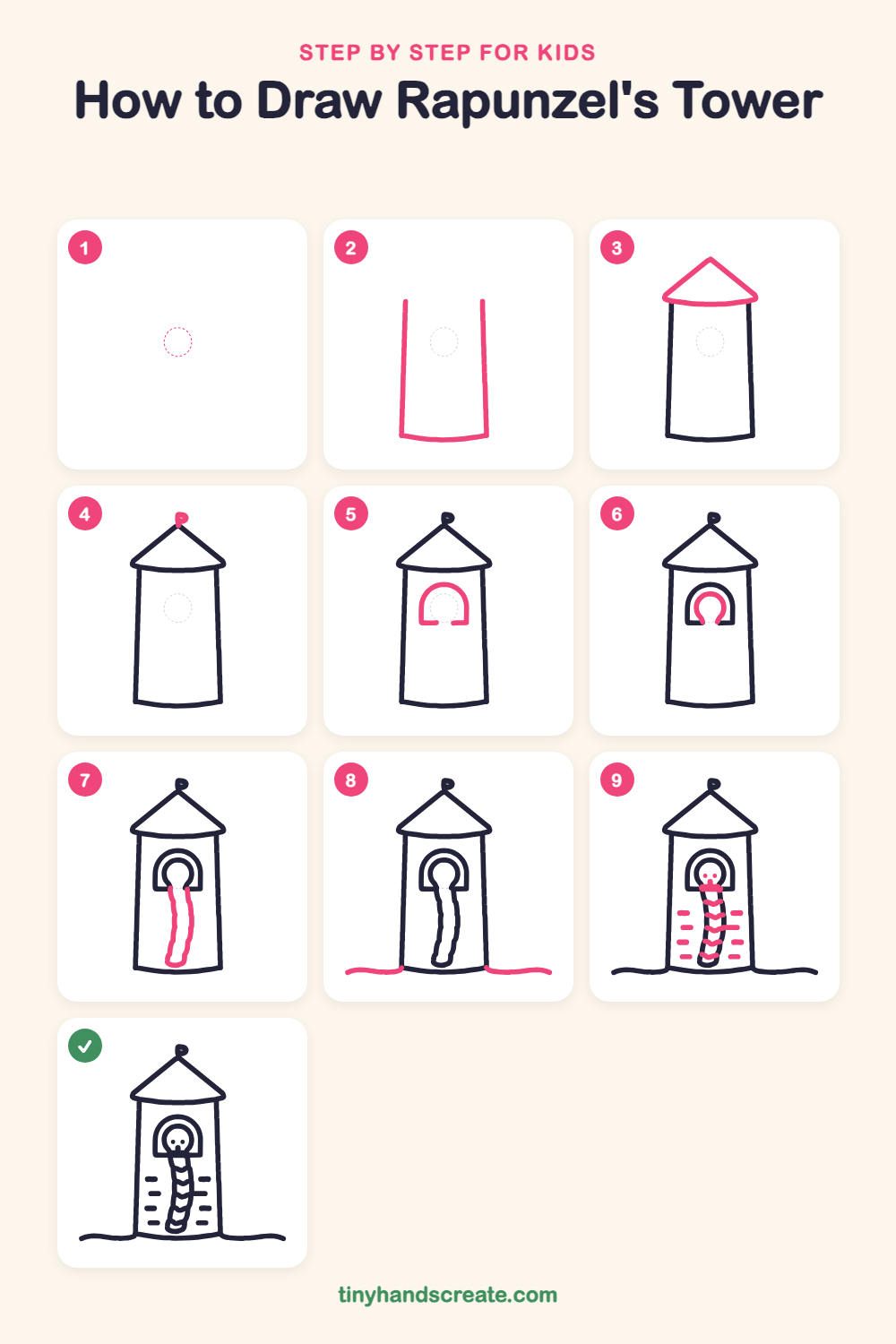 How to draw Rapunzel's tower step by step for kids