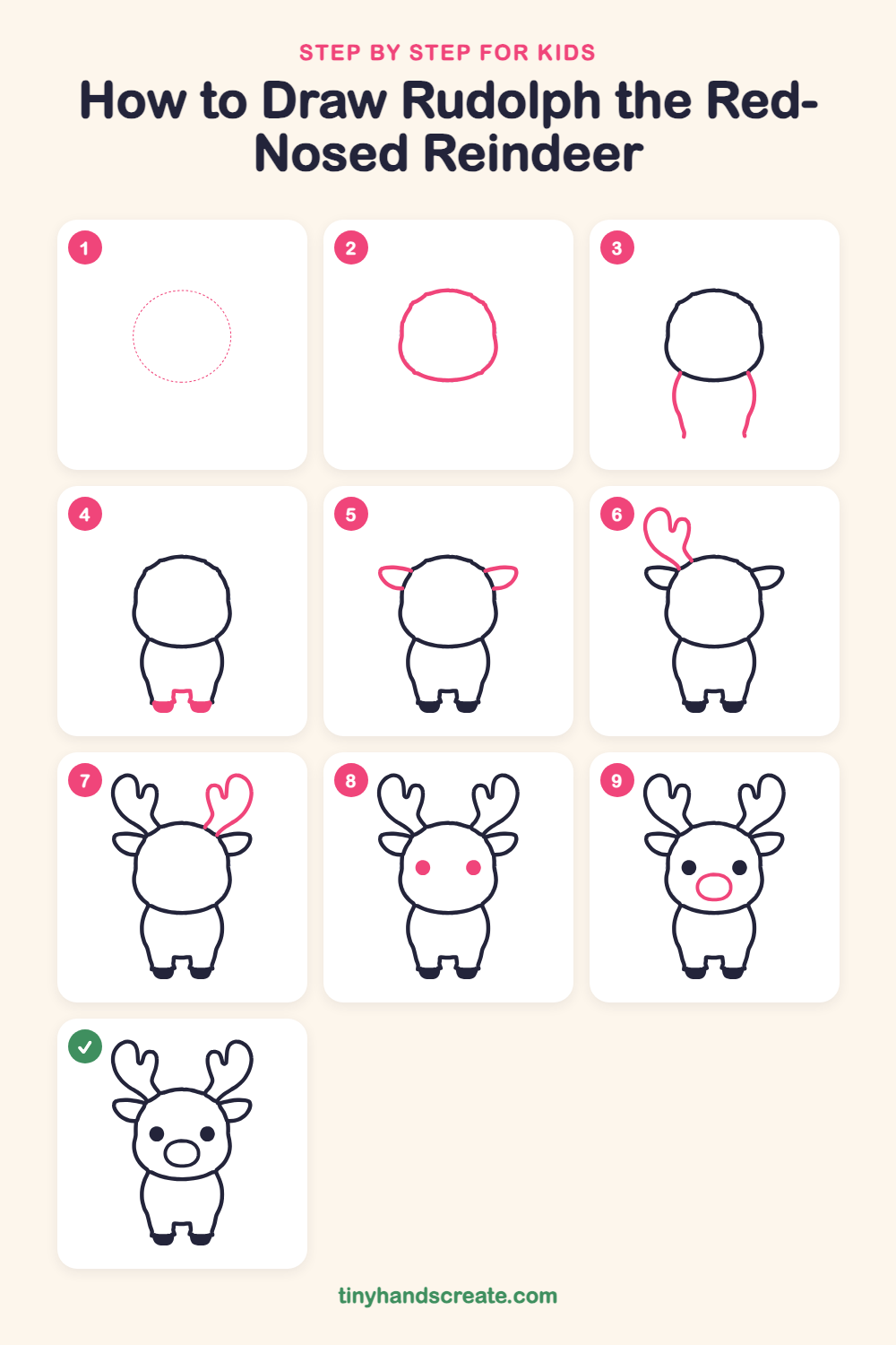 How to draw Rudolph the Red-Nosed Reindeer step by step for kids