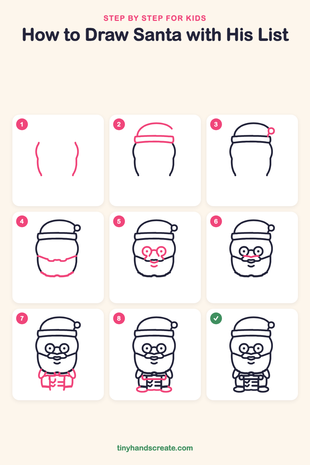 How to draw Santa with his list step by step for kids