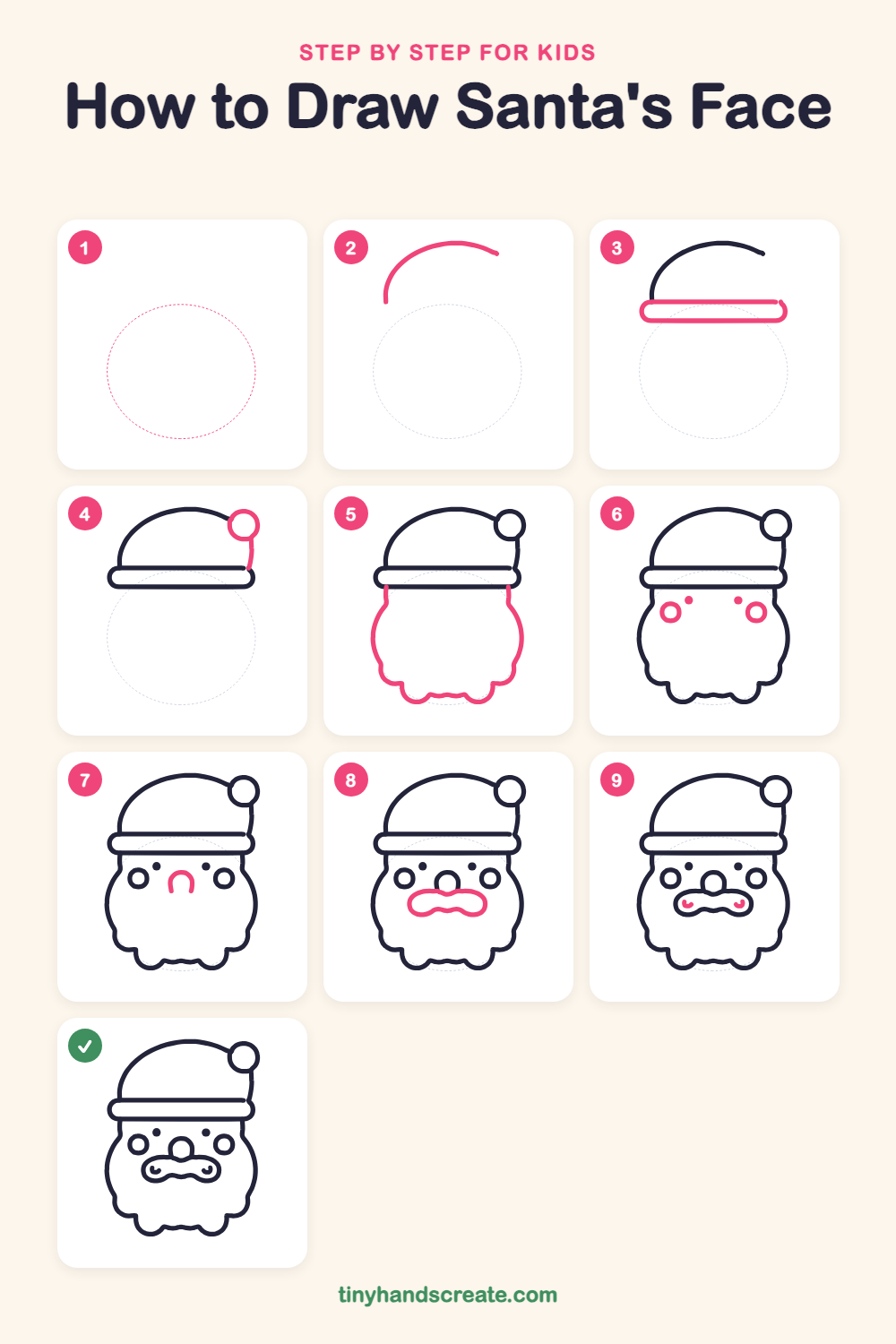 How to draw Santa's face step by step for kids