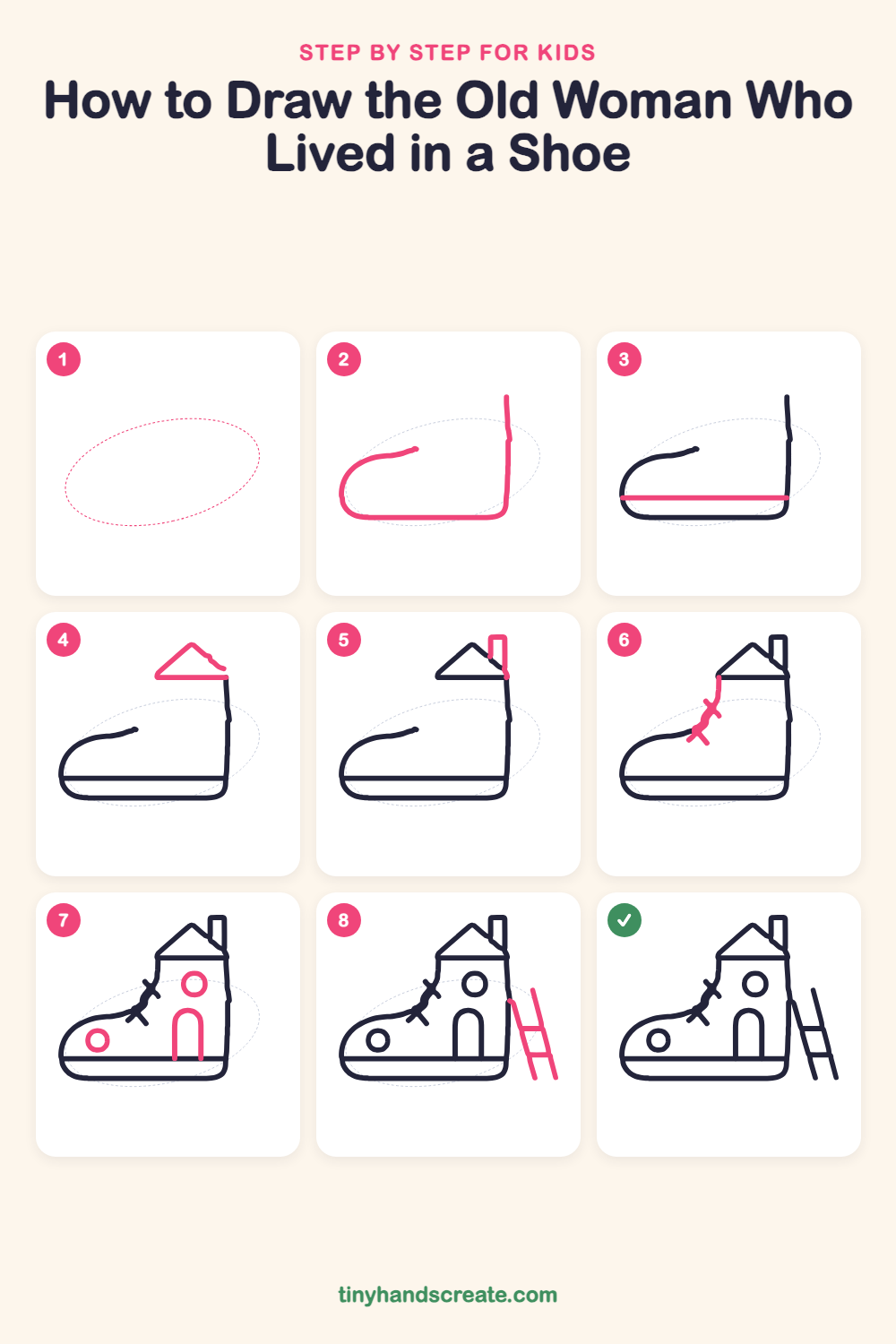 How to draw the old woman who lived in a shoe step by step for kids