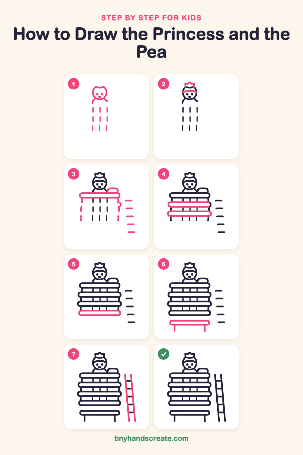 How to draw the Princess and the Pea step by step for kids
