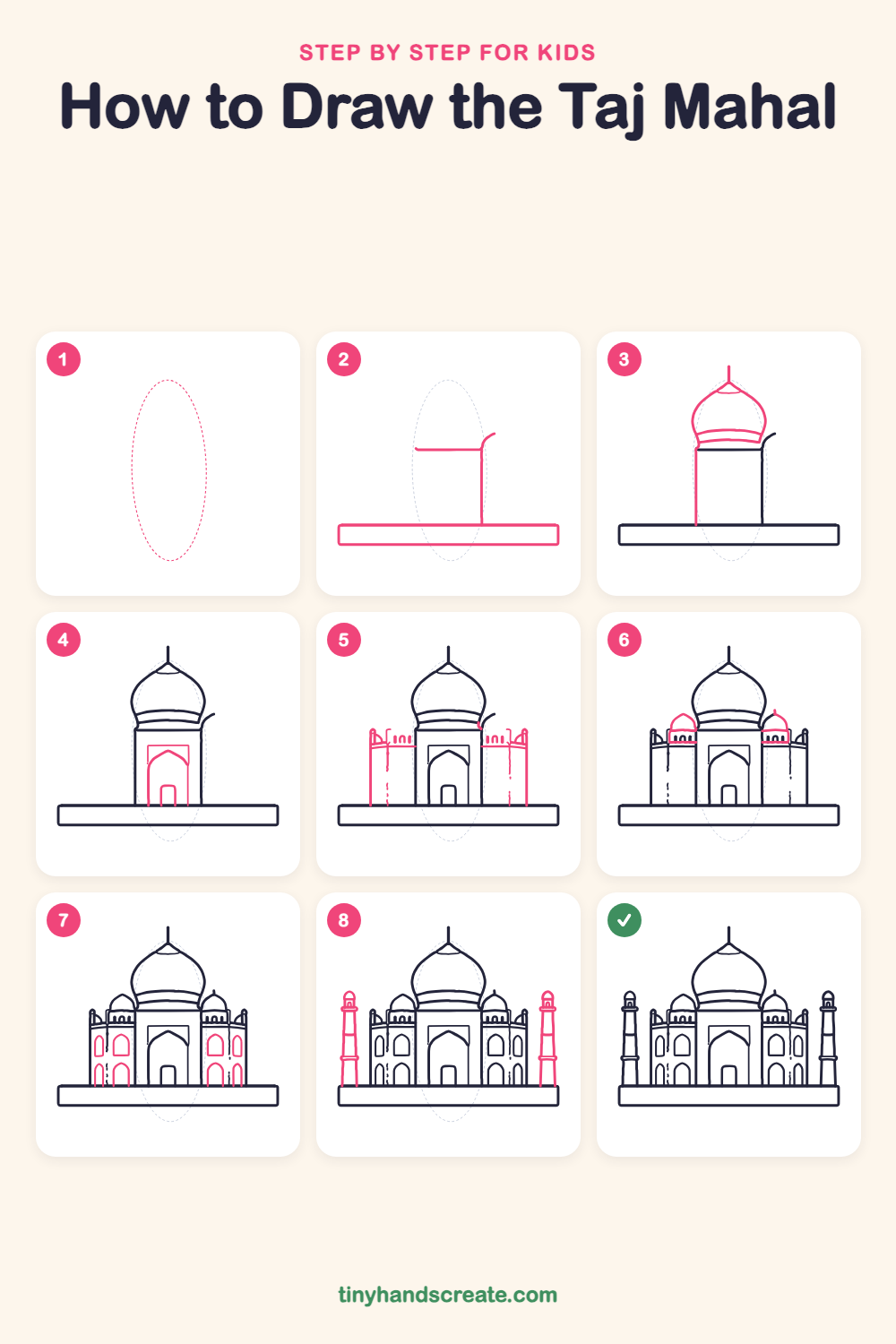 How to draw the Taj Mahal step by step for kids