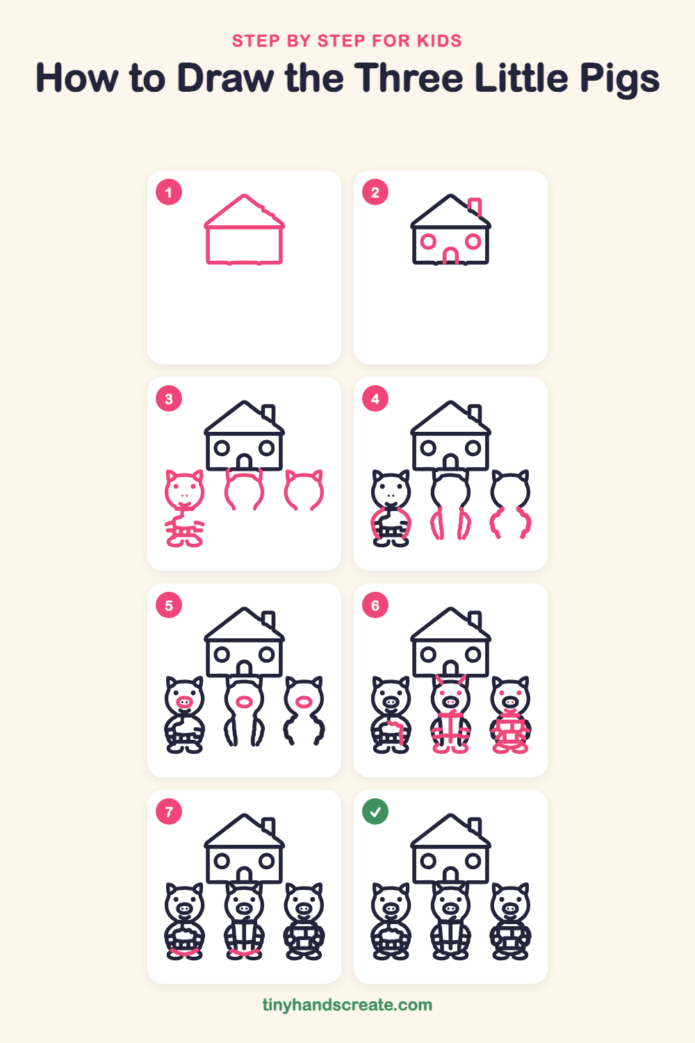 How to draw the three little pigs step by step for kids