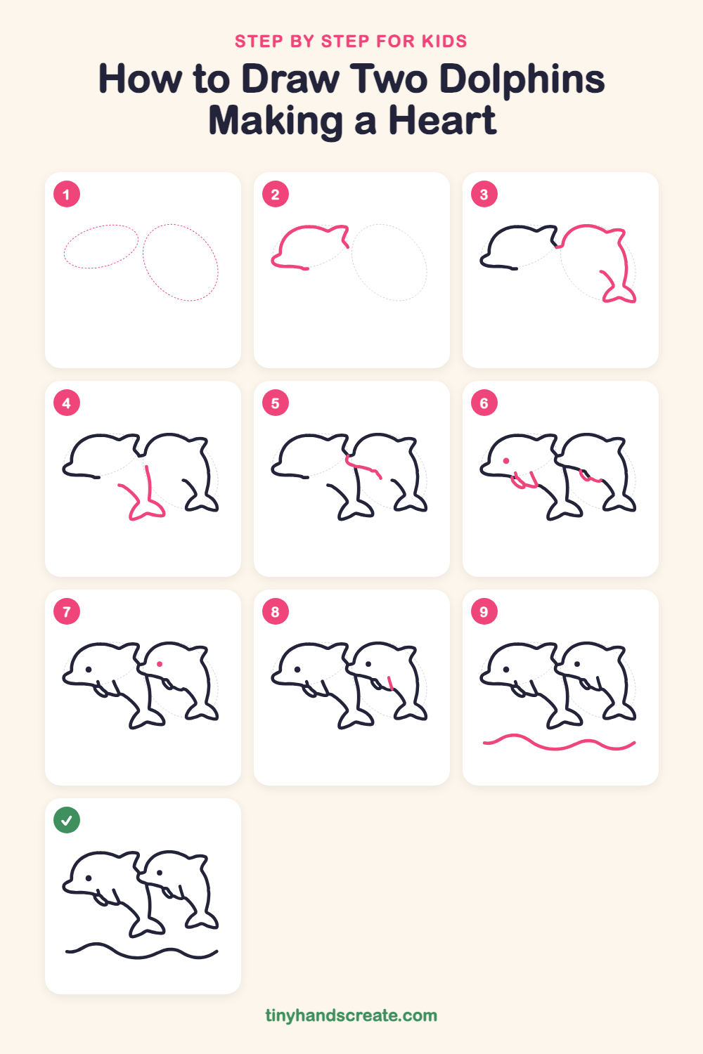 How to draw two dolphins making a heart step by step for kids