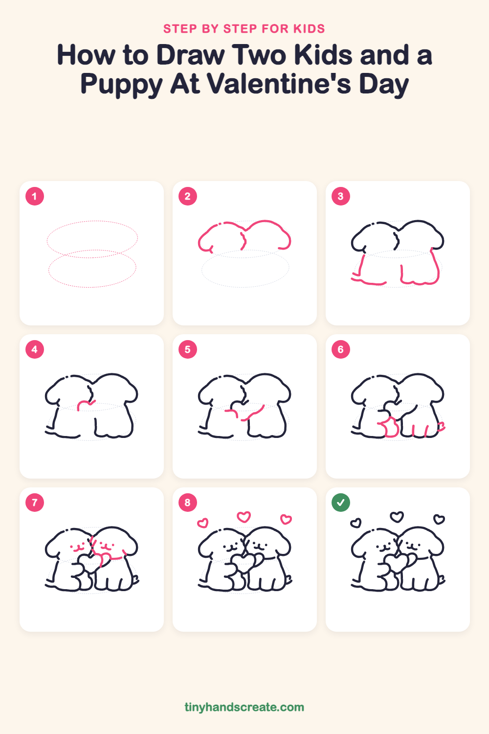 How to draw two kids and a puppy at Valentine's Day step by step for kids