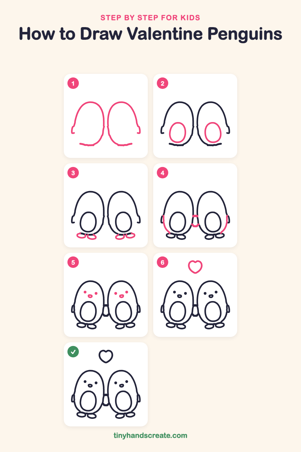 How to draw Valentine penguins step by step for kids