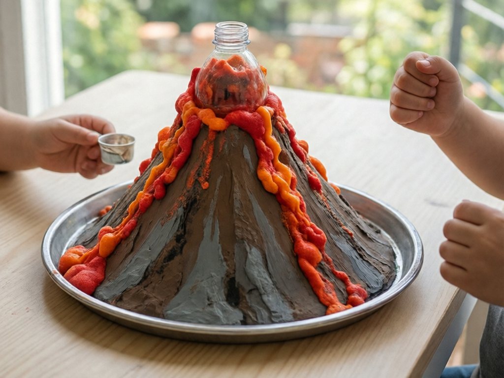 Brown papier-mâché volcano on a cookie sheet erupting red and orange foam outdoors