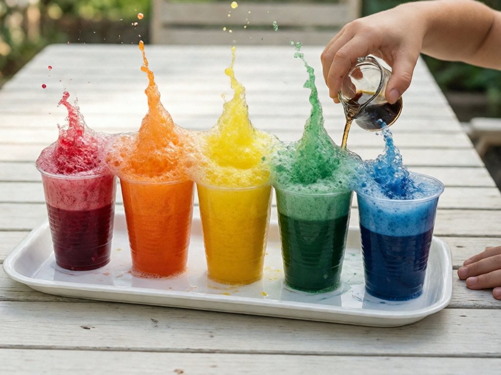 Five cups of colored baking soda foaming over in a rainbow row on a tray
