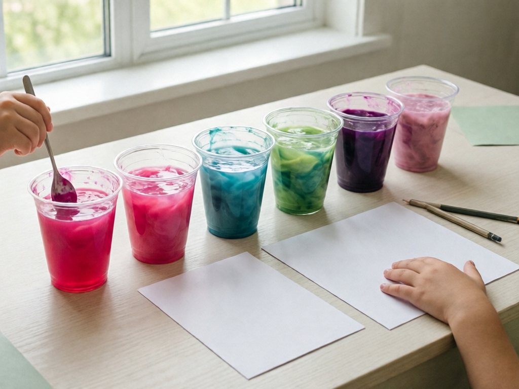 Six clear cups of red cabbage juice in pink, blue-green, and purple shades