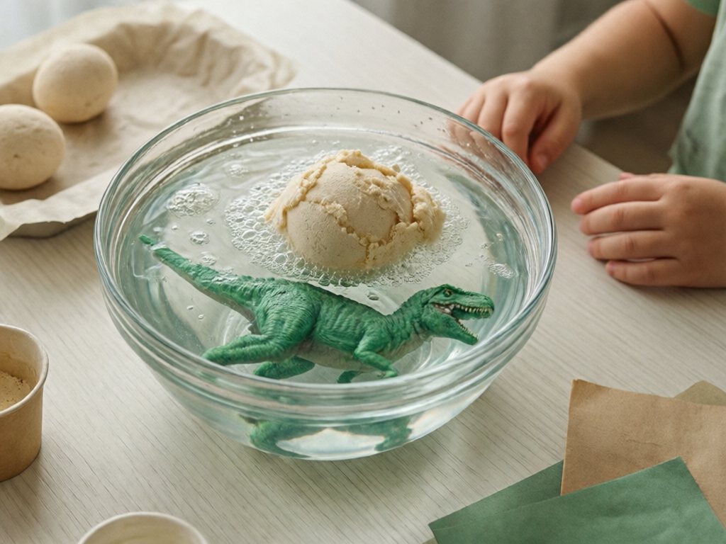 Pale bath bomb egg fizzing apart in a bowl of water around a large toy dinosaur, with two more eggs on a tray