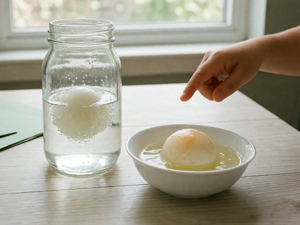 Shell-free translucent egg floating in a jar of vinegar next to a rinsed egg in a bowl