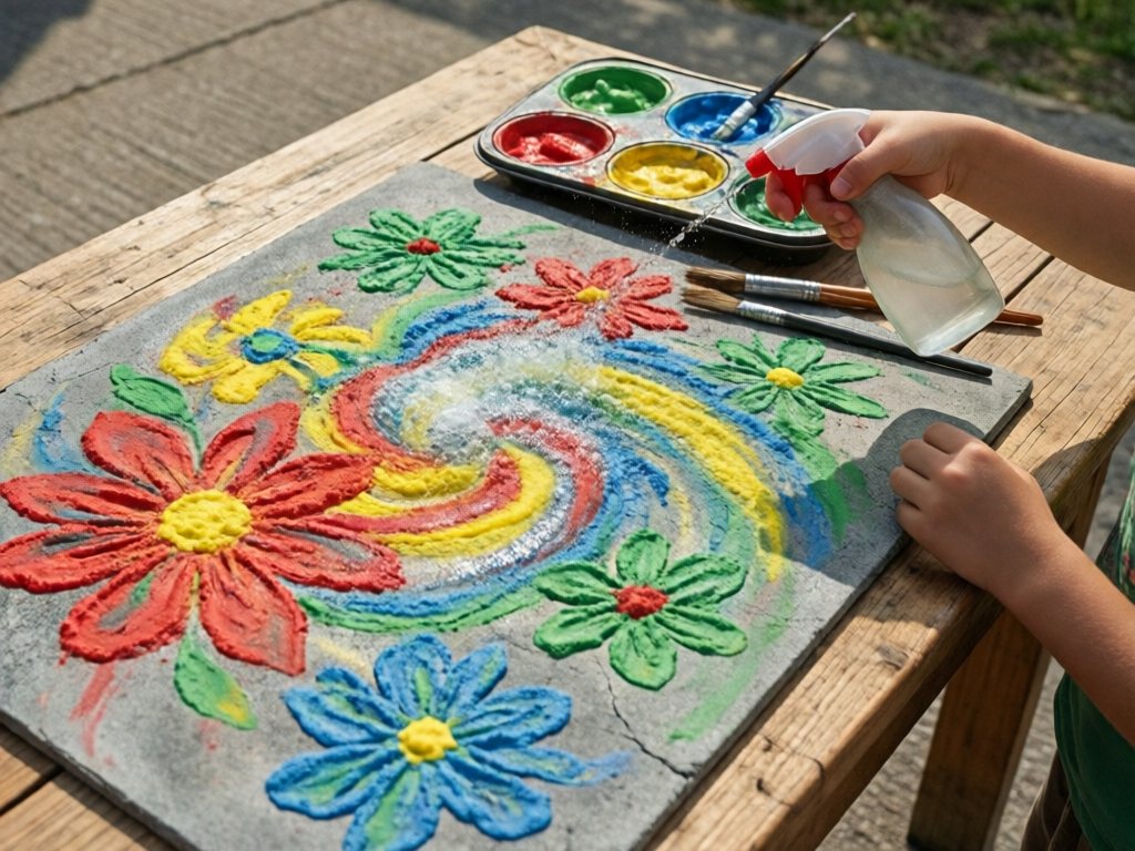 Colorful baking soda paint designs on a driveway fizzing where a child, wearing goggles, sprays vinegar from a spray bottle, with a muffin tin of paint nearby