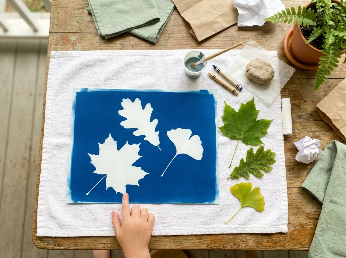 Blue sun print paper with white maple, oak and ginkgo leaf silhouettes drying on a towel, a child's hand pointing