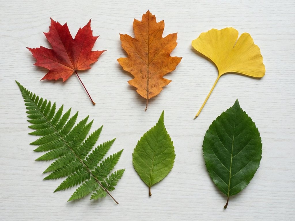 Six different fresh autumn leaves laid out in two rows on a white table