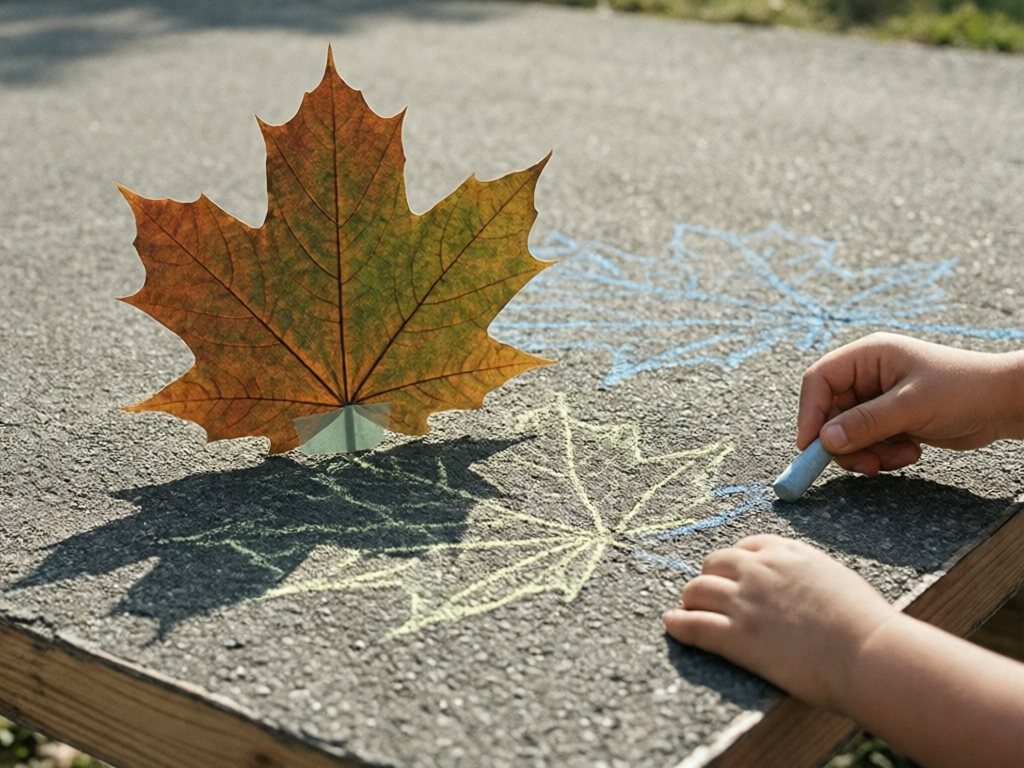 Two chalk outlines of a leaf shadow in yellow and blue on a sunny driveway