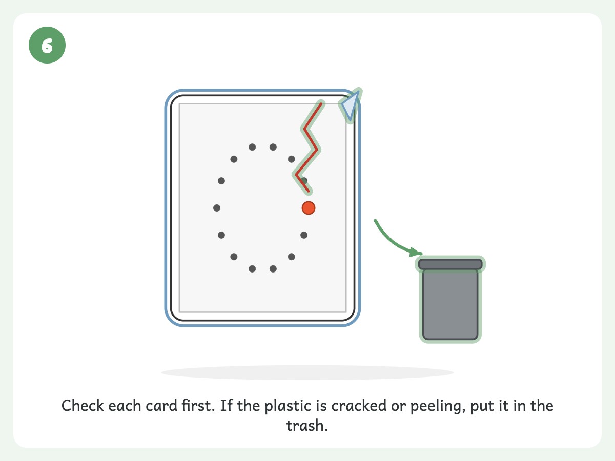 Step 6: Throw out any card with peeling or cracked laminate before each session