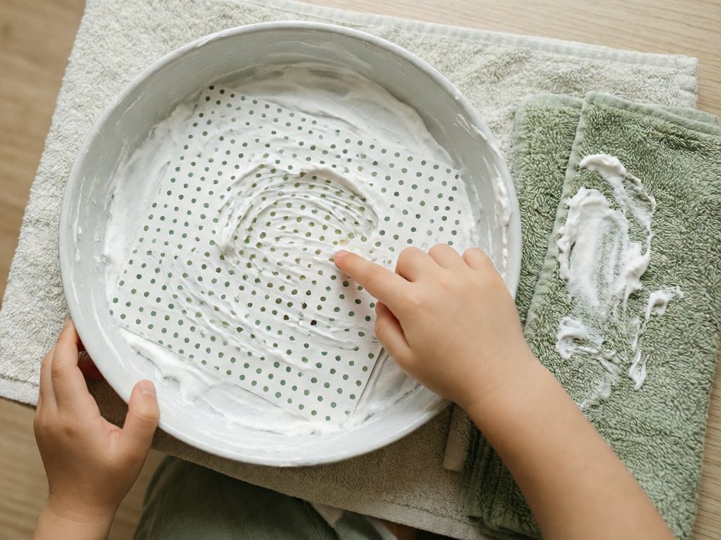 Toddler's finger drawing a letter in a thin layer of shaving cream over a dotted card in a baking dish, on a towel