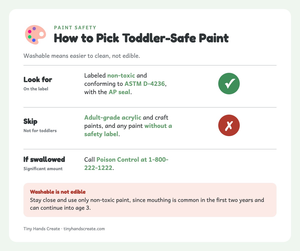 Info card on choosing toddler paint: look for non-toxic ASTM D-4236 label, skip adult acrylic, Poison Control number