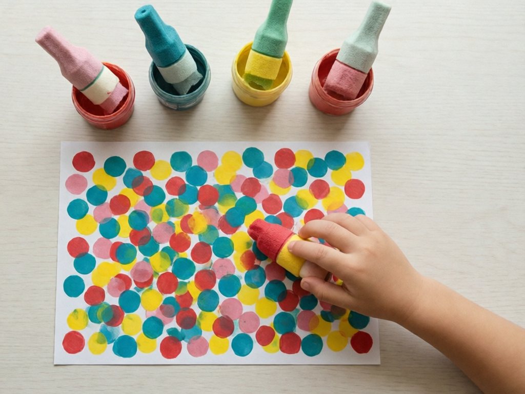 Toddler hand dotting colorful paint on paper with a large foam dauber beside small paint pots