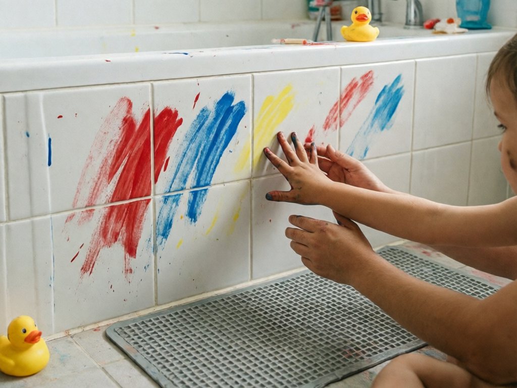 Toddler hand finger painting red, blue and yellow bath paint on white tub tiles