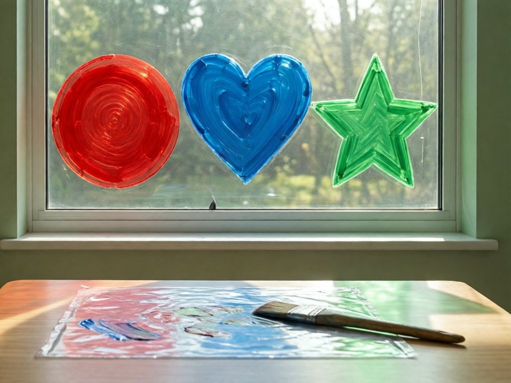 Large red, blue and green window cling shapes on a closed window with sunlight shining through