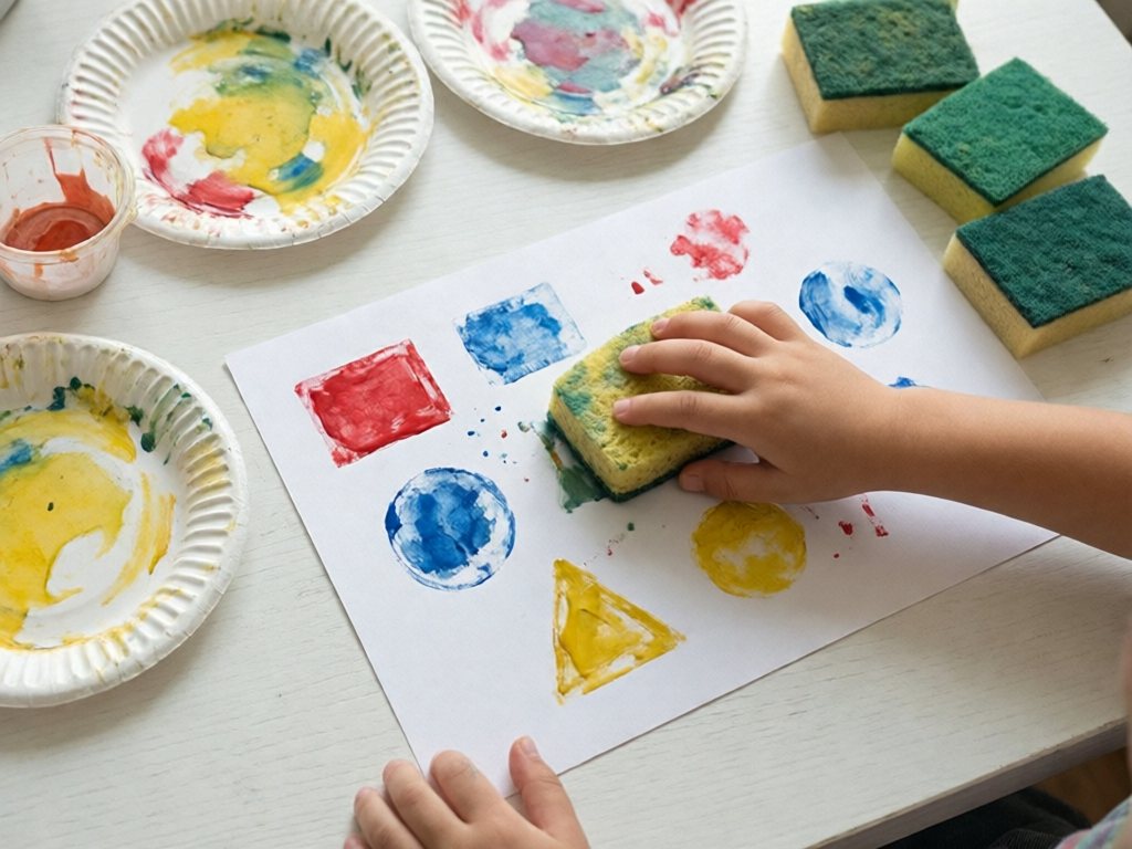 Toddler hand stamping a paint-dipped kitchen sponge onto white paper