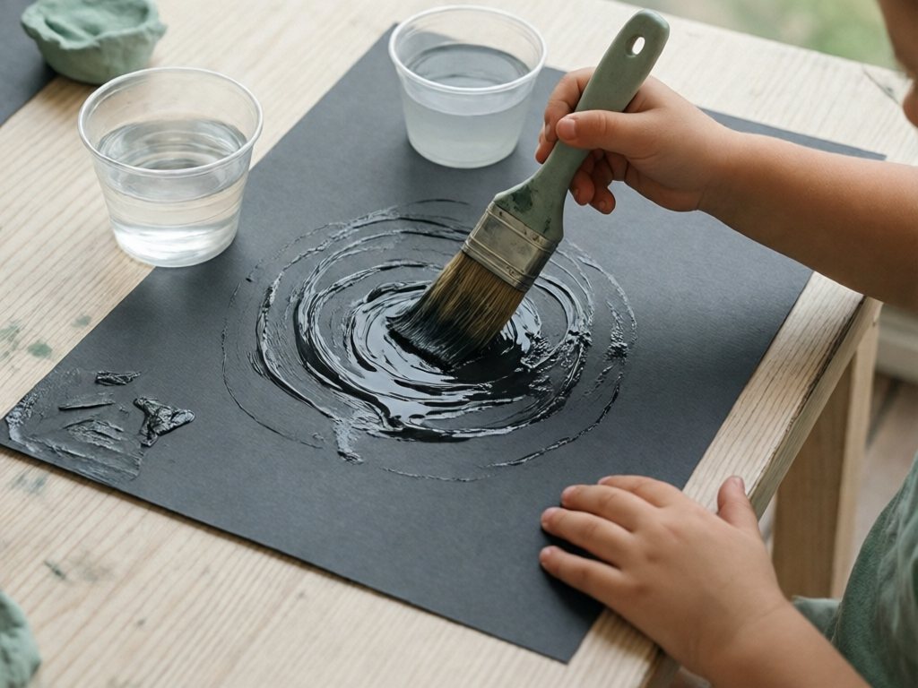 Toddler hand painting wet swirls with water on dark construction paper