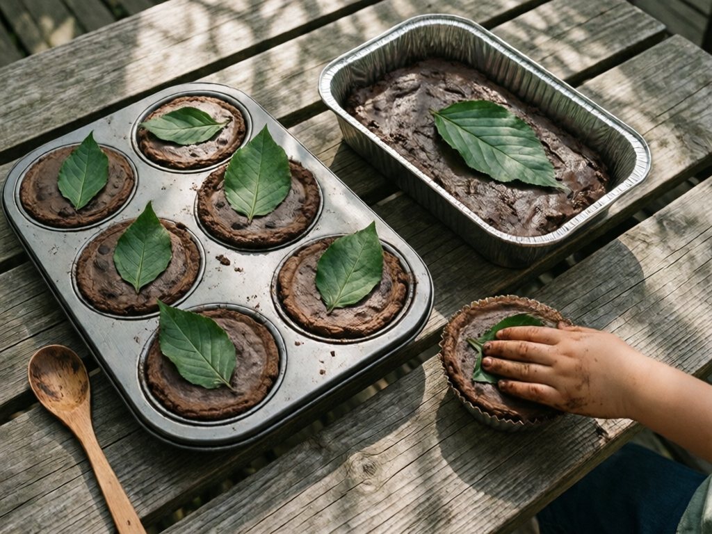Muffin tin and loaf pan of mud pies topped with big green leaves on a wooden outdoor bench