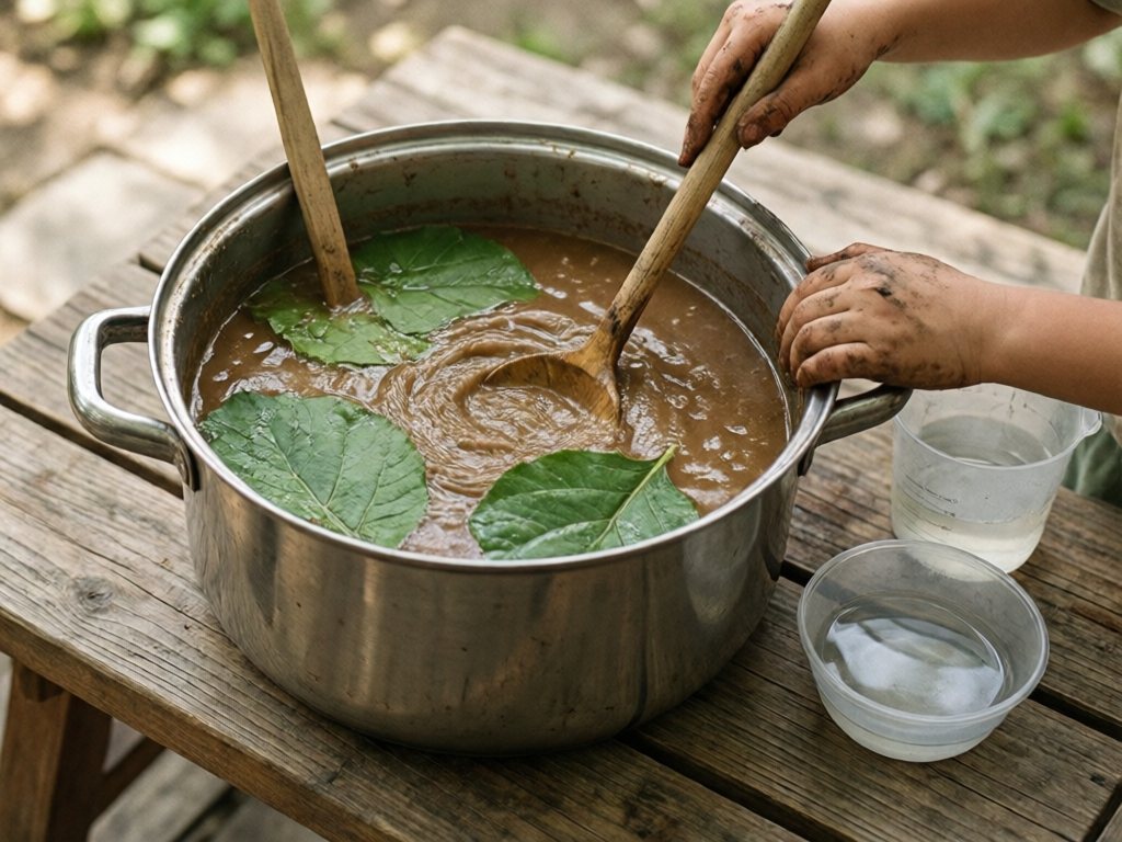 Large steel pot of thin mud soup with big leaves and a wooden ladle on an outdoor bench