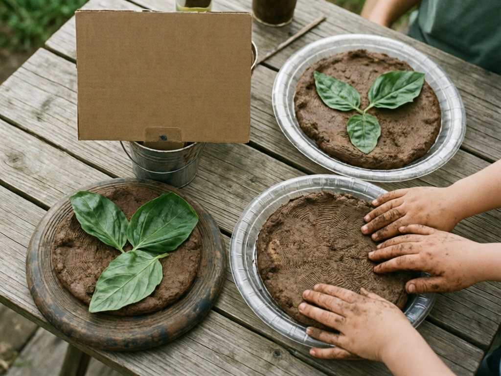 Mud pizzas with big leaf toppings on plastic plates and a frisbee beside a blank cardboard menu