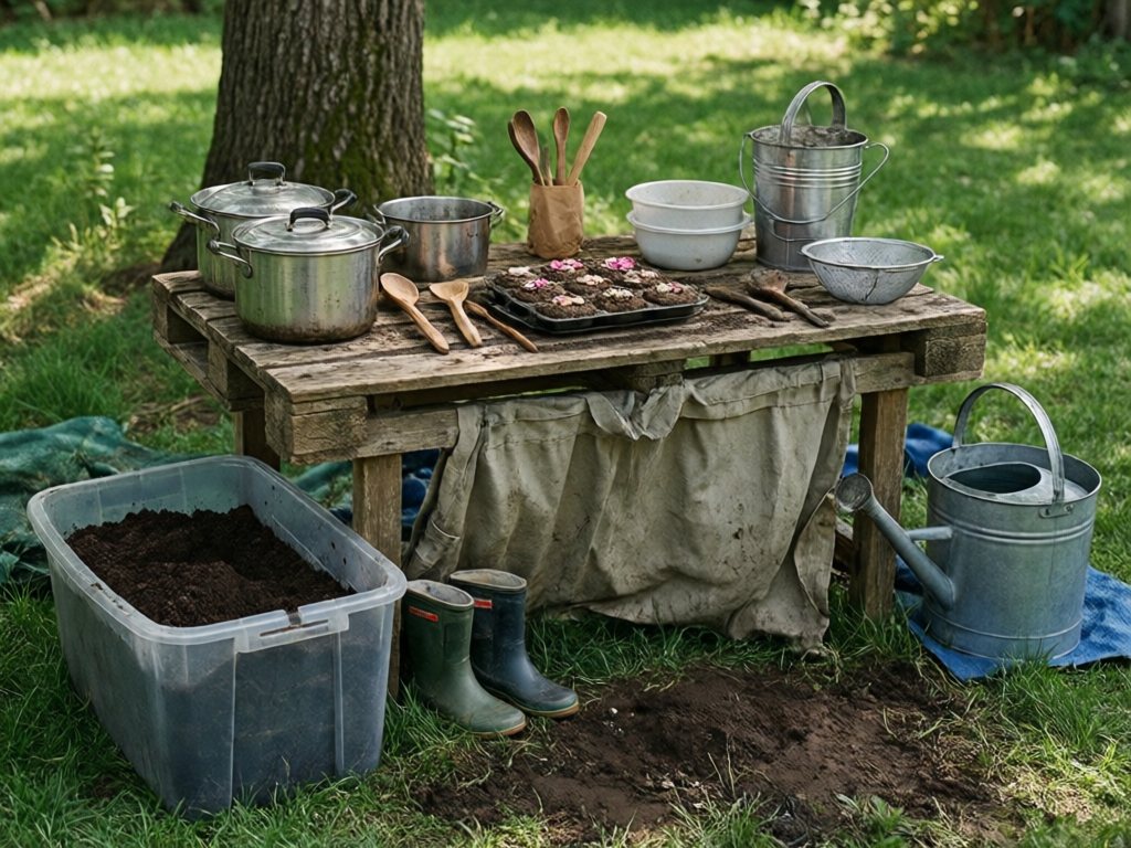 Mud kitchen table in tree shade with a bin of soil, water bucket and shower curtain underneath on the lawn