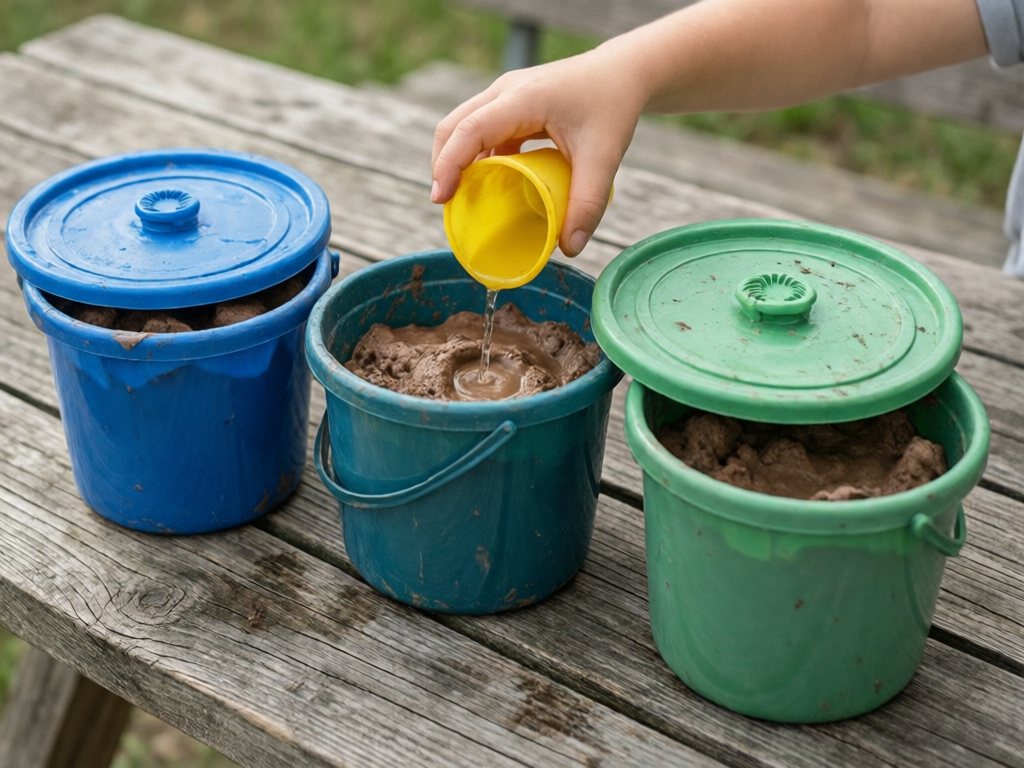 Three bright plastic tubs of brown mud on a wooden table as a child's hand pours water from a yellow cup into one