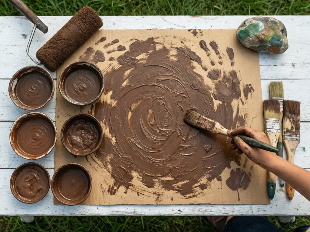 Large sheet of cardboard covered in mud brush strokes with bowls of mud paint, wide brushes and a roller on the grass