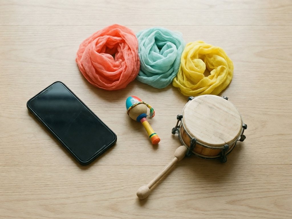 Phone, sheer scarves, a store-bought shaker and a small drum laid out on a wood floor