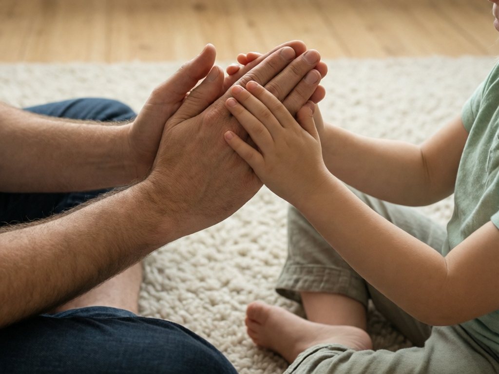 Adult and child hands clapping together on a cream rug