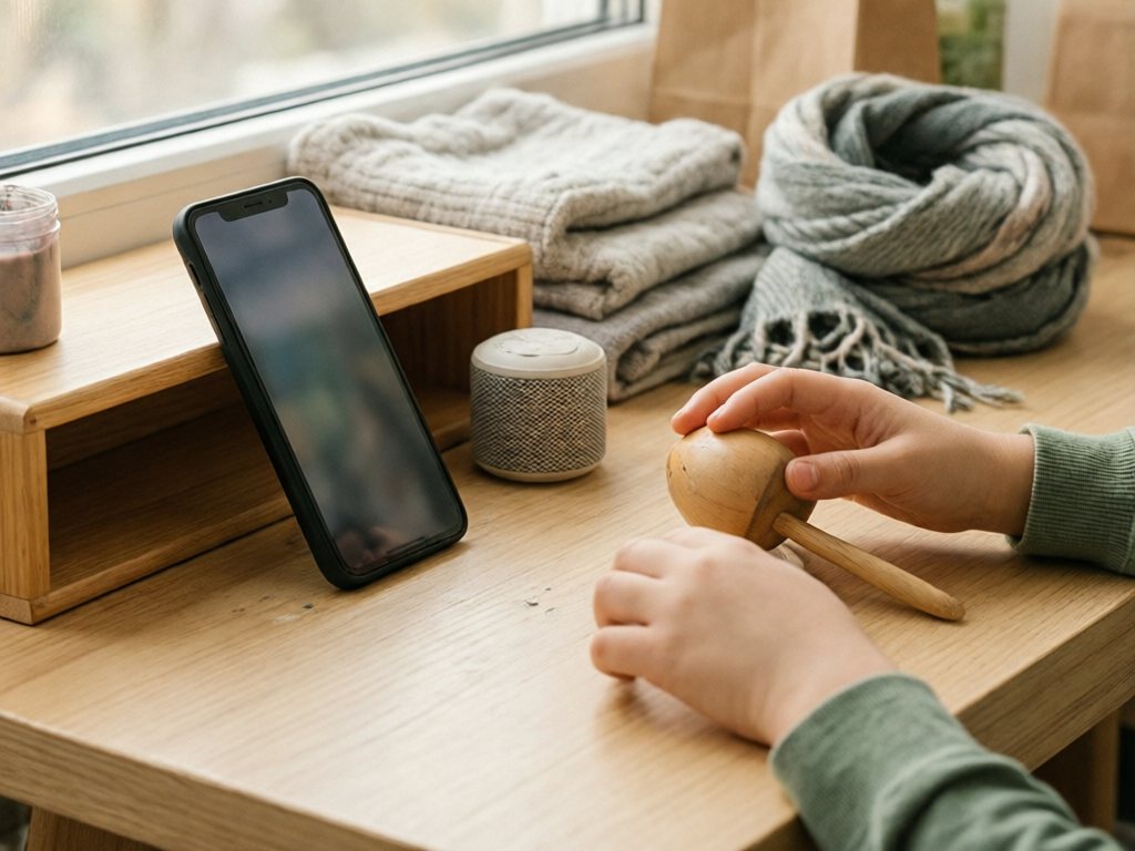 Phone and small speaker on a wooden shelf in a playroom corner