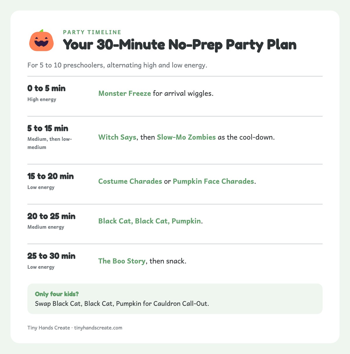 Timeline of a 30-minute Halloween party plan with game and energy level for each time block