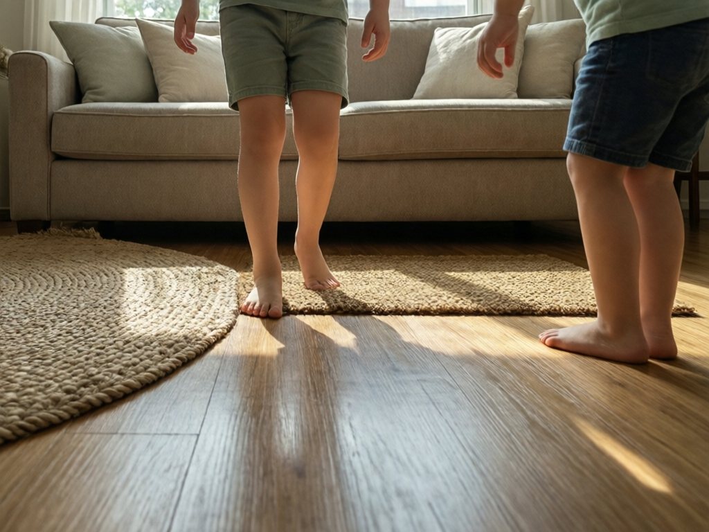Children's bare feet stepping from a woven rug to a doormat across a wood-look floor, with a patch of sunlight on the floor between them