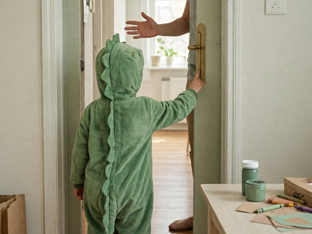 A child in a dinosaur costume pretending to ring a doorbell at an indoor doorway