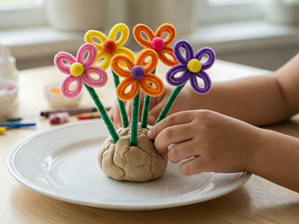 Pipe cleaner flowers with looped petals and pom-pom centers standing in a ball of beige playdough on a white plate