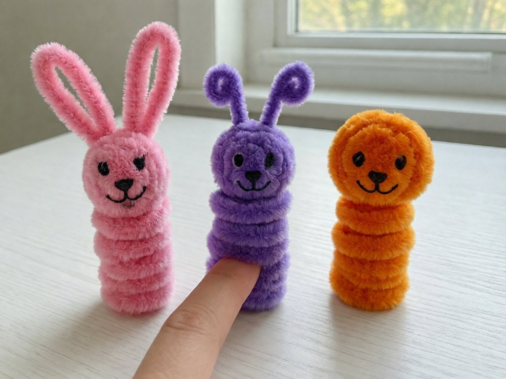 Three pipe cleaner finger puppets with marker faces, one worn on an adult finger