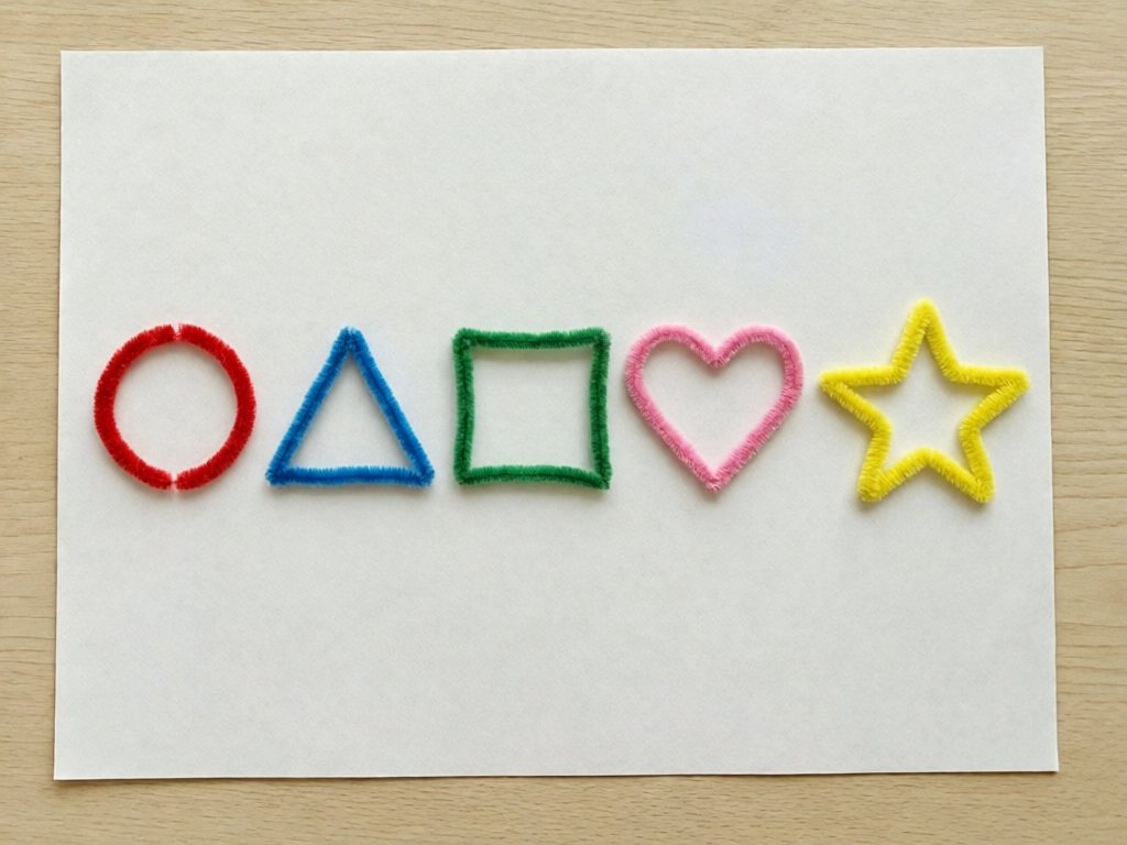 Pipe cleaner circle, triangle, square, heart and star on white poster board
