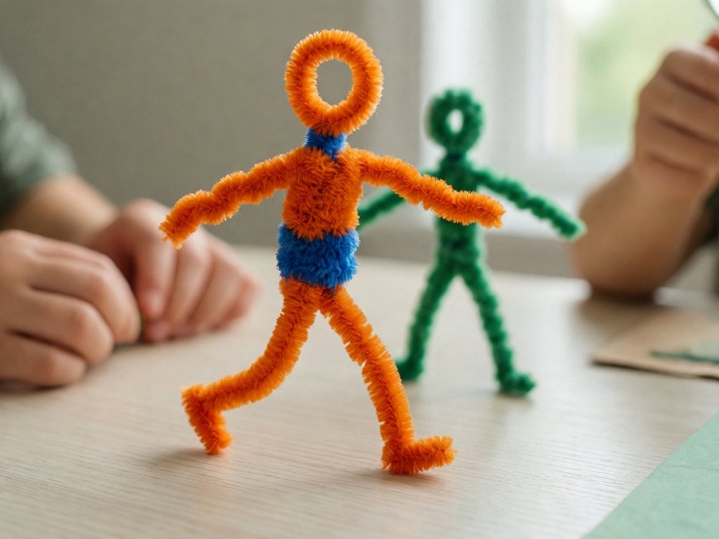 Orange pipe cleaner figure with blue wrapped clothing standing in an action pose